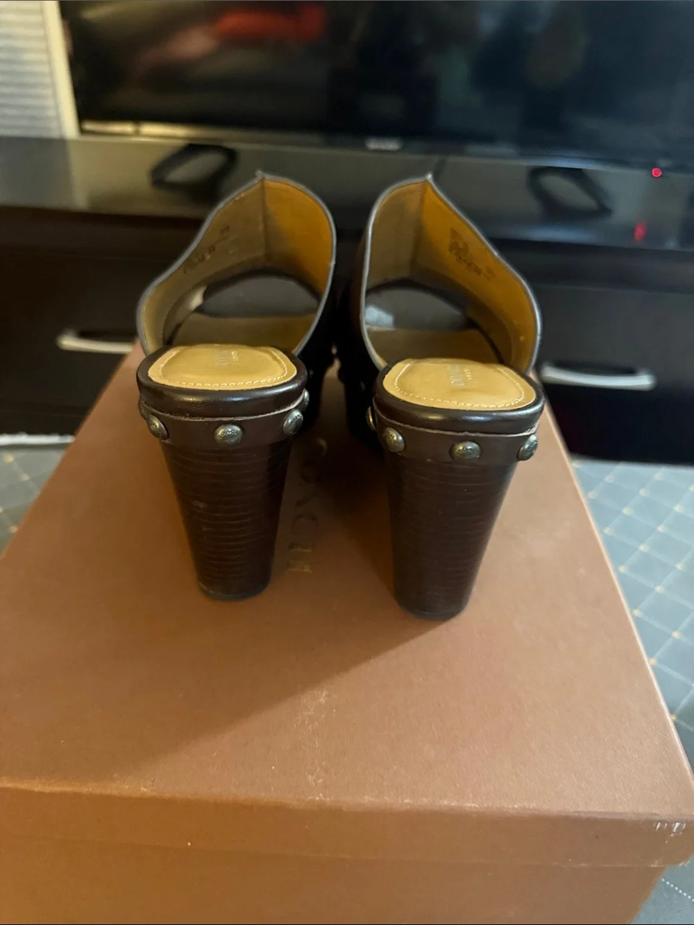 Coach Women’s Dark Brown Leather Open-Toe Clog Mules